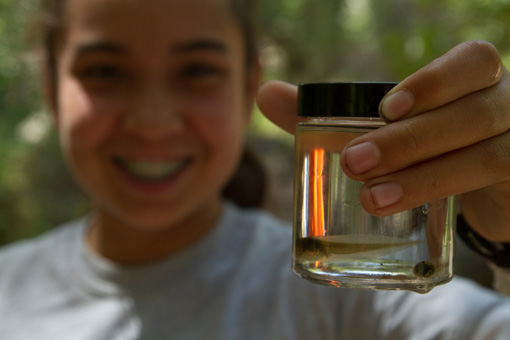 Photograph of a smiling child holding a glass jar, filled with water and a small creature.