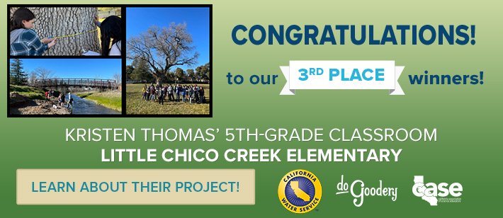 Congratulations! to our 3rd Place Classroom! Kristen Thomas’s 5th Grade Classroom Little Chico Creek Elementary.  Learn about their project!  [Cal Water] [DoGoodery] [Case] Logos.  All on a green gradient background and featuring pictures from their portfolio in the upper left.