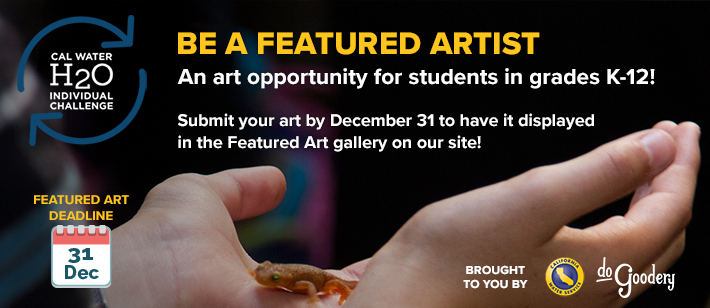 Photo of hands holding an orange salamander. Cal Water H2O Individual Challenge logo in top left corner. Text reads: Be a featured artist. An art opportunity for students in grades K-12! Submit your art by December 31 to have it displayed in the Featured Art gallery on our site! Featured Art Deadline 31 Dec. Brought to you by [Cal Water logo] [DoGoodery logo]