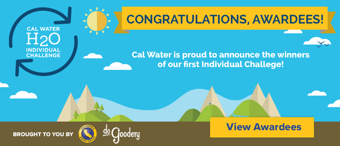 Promotional Slide. Individual Challenge logo in top left. A yellow banner with blue text reads: Congratulations, Awardees! This is over a blue background with white clouds, a small sun, and mountains at the bottom. White text over the blue reads: Cal Water is proud to announce the winners of our first Individual Challenge! Below the mountains is a strip of brown. Text over the brown reads: Brought to you by [Cal Water Logo] [DoGoodery] On the right is a button reading: View Awardees.