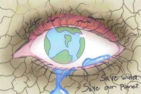 A digital painting of an eye within a cracked brownish, tan background. The inner eye is pink as is its upper lid. The black of its lashes blend with the cracks and with four silhouetted birds above the eye. The iris is a blue and green earth. Water (tears) pools agains the bottom pink lid, and water drips from the eye's lowest point. Words are written on the bottom right: Save Water. Save our Planet. 