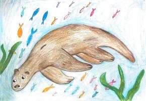 A brown otter swimming underwater. Colorful fish surround it, and it is framed on the right and left by green seaweed. 