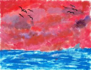 A red and violet sky in puffy, cloud like brush strokes with five black silhouettes of birds in the upper left  and four more in the upper right, all above a blue ocean done in long, horizontal, jagged brush strokes.