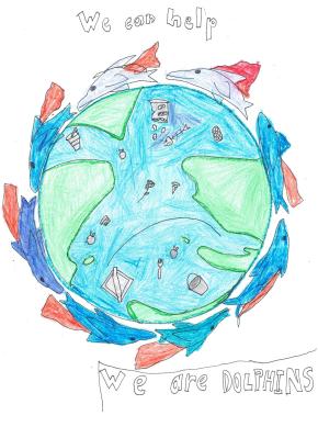 A pen and crayon drawing with an earth frowning. The waters of the earth are filled with various garbage (forks, buckets, cups, etc.). Dolphins wearing red capes circle around the earth. Text in pen reads: We can help.  We are dolphins.