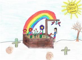A desert with cacti and tumbleweeds, with a planter box made of wood growing flowers and bright cacti, hummingbirds eating from a bird feeder. A rainbow grows from the feeder to the flowers. A girl uses a reusable bottle to water the plants. A sun with the words Every Drop Counts in the top right corner.