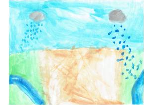 Blue watercolor skies with clouds on the left and right side and rain falling over green areas with blue water color rivers. In the middle there is no rain and no grass, only browns of a desert.