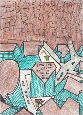 The top of the page is dominated by brown, parched/cracked earth. The bottom half displays the blue glass of multiple skyscrapers rising up with cars driving the roads between tehm. A little girl stands near a cactus shouting hi, while another little girl slides down a slide shouting wee.  The city is crowded and chaotic and covered in browns and barely any green - all dirt and asphalt. The top of the center skyscraper reads: Save the Water or this will be our city!