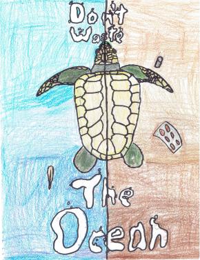 A drawing of a sea turtle. The illustration is split down the middle with a bold marker line. On the right side, the water is colored brown and cans and trash can be seen floating. On the left side, the water is blue and a fish can be seen swimming. The sea Turtle is in the center crossing into both sides. Above and below the turtle  are the words Don't Waste The Ocean written in a bubble-like script.