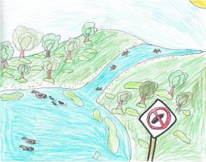 A colored pencil illustration of a lush landscape full of trees and bushes on a hilly terrain, a river running down into a bright blue lake, surrounded by sandy shores, all under a blue sky and a bright yellow sun. Ducks and fish swim through the water. In front of this thriving landscape is a prominent no-littering sign framed in bold sharpie.