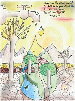 A drawing of a yellow and brown landscape. Foreground: Upper Left a faucet, brown, with water drops leaking out. The background consists of brown leafless trees and mountains over a cracked brown landscape. A large waterdrop over the center bottom portion of the art reveals a green landscape rather than yellow and brown, with lush trees, a blue river and lake, and green grass, along with a brick house and a path through the green.