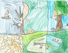 Colored Pencil art divided into three vertical portions. The let portion shows grayish skies wiht a dead bird falling, a barren leafless tree, and cracked earth. The middle portion: green skies, a tree with brown leaves, piles of garbage, and green lake with a brown alligator, its eye an x; the right portion: blue skies with a lush tree against blue skies, with green grass and a blue lake; animals abound in this final portion, from an eagle and a wolf, to an otter and a green alligator.